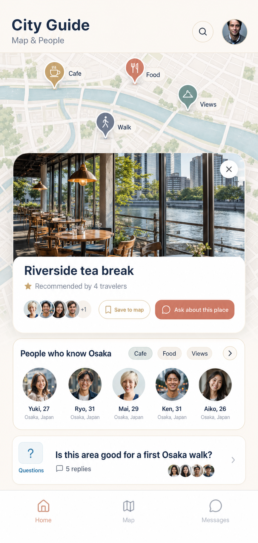 RoamBond concept UI showing map, recommended places, questions, and people